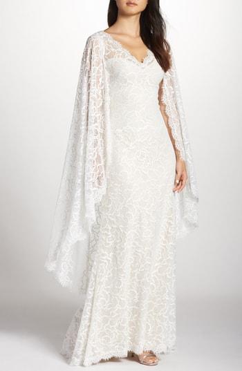 Women's Tadashi Shoji Cape Detail Lace Gown - Ivory