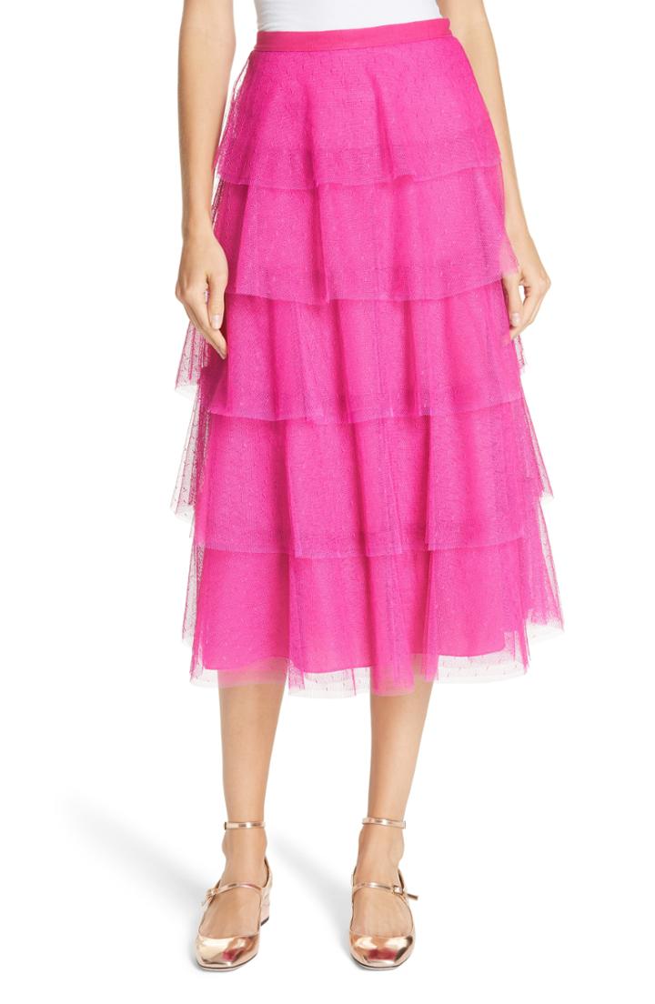 Women's Red Valentino Tiered Point D'esprit Midi Skirt Us / 38 It - Pink
