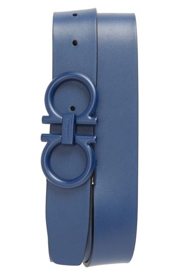 Men's Salvatore Ferragamo Tonal Double Gancini Leather Belt - Ultramarine