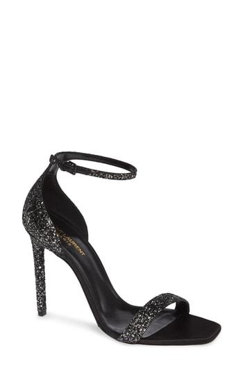 Women's Saint Laurent Amber Glitter Ankle Strap Sandal Us / 35eu - Black