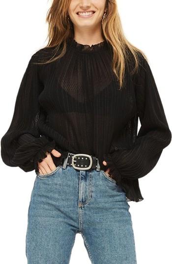 Women's Topshop Dobby Spot Pleat Tunic Blouse Us (fits Like 0) - Black