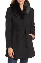 Women's Kensie Belted Coat With Faux Fur Collar - Black