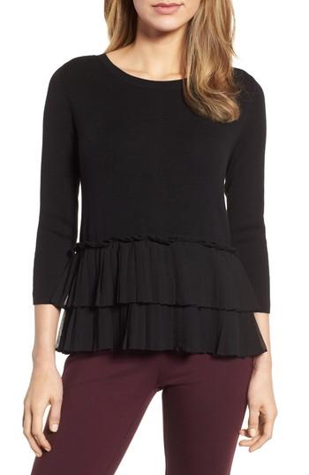 Women's Halogen Woven Ruffle Hem Sweater - Black