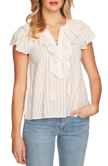 Women's Cece Lace Up Ruffle Stripe Cotton Blouse - Pink