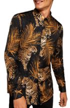 Men's Topman Premium Leopard Print Sport Shirt - Black