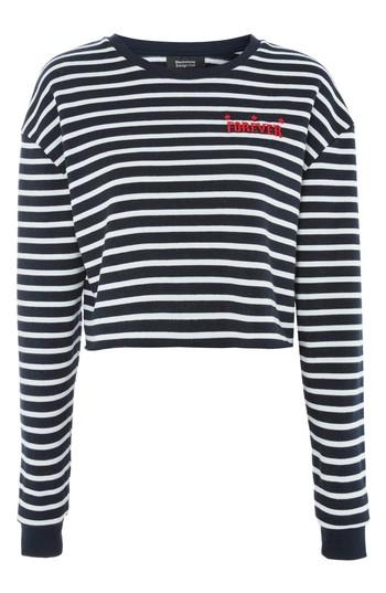 Women's Topshop Forever Stripe Crop Sweatshirt Us (fits Like 0) - Blue