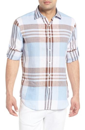 Men's Bugatchi Shaped Fit Plaid Linen Blend Sport Shirt - Brown