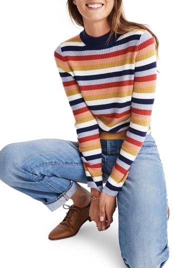 Women's Madewell Stripe Mock Neck Pullover Sweater - Blue