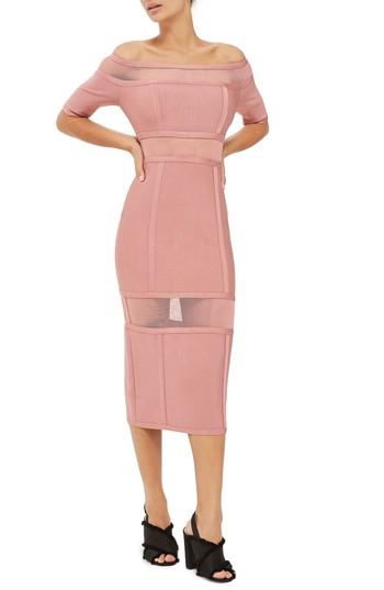 Women's Topshop Sheer Panel Off The Shoulder Body-con Midi Dress Us (fits Like 0) - Pink