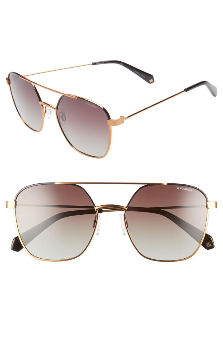 Women's Polaroid 56mm Polarized Square Aviator Sunglasses - Black Gold Bronze