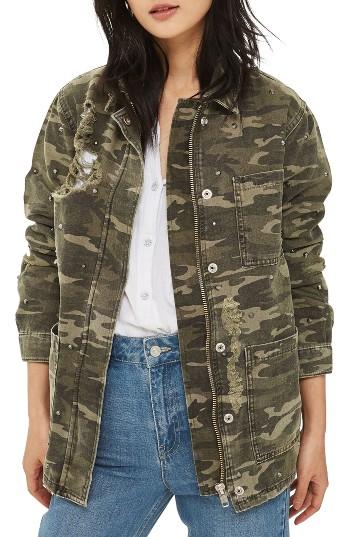 Women's Topshop Cleo Stud Rip Camo Jacket Us (fits Like 0) - Green