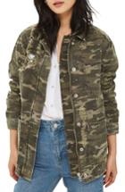 Women's Topshop Cleo Stud Rip Camo Jacket Us (fits Like 0) - Green