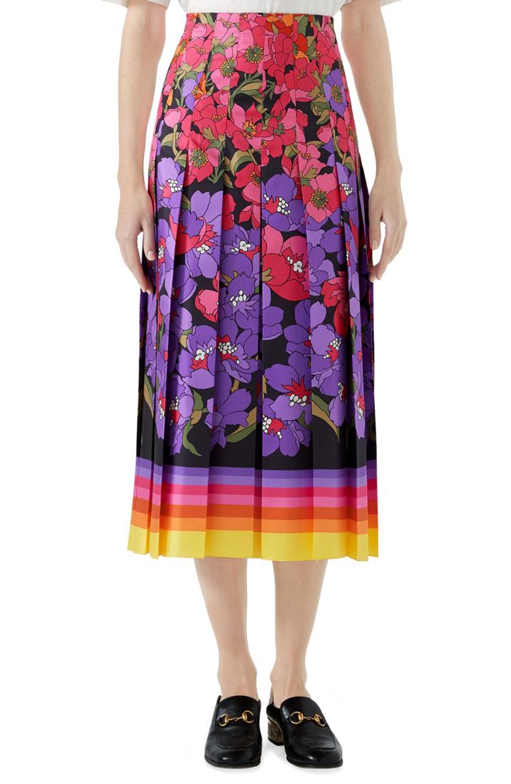 Women's Gucci Flower Degrade Pleated Silk Skirt Us / 42 It - Purple