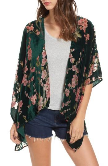 Women's Woven Heart Cherry Blossom Velvet Kimono, Size - Green