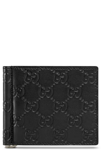 Men's Gucci Signature Leather Money Clip Card Case - Black