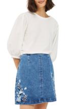 Women's Topshop Embroidered Denim A-line Skirt Us (fits Like 6-8) - Blue