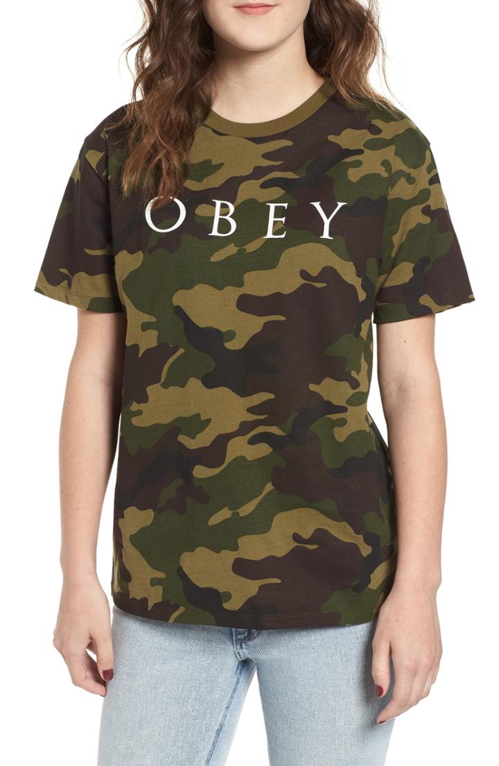 Women's Obey Novel Logo Camo Cotton Tee - Green