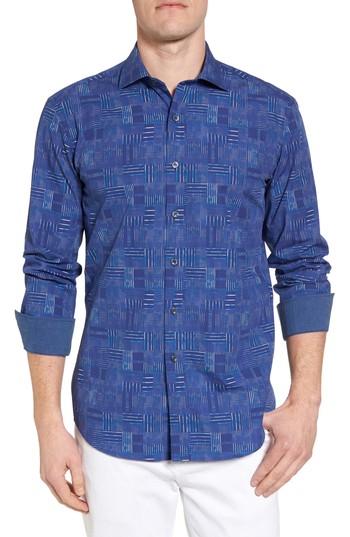 Men's Bugatchi Shaped Fit Patchwork Plaid Sport Shirt - Blue