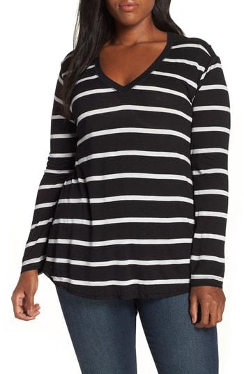 Petite Women's Everleigh V-neck Striped Tunic Tee P - Black