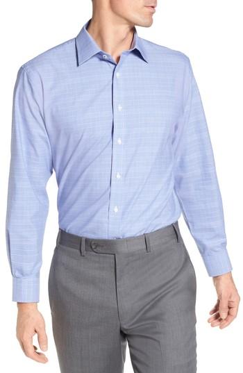Men's Nordstrom Men's Shop Tech-smart Traditional Fit Stretch Plaid Dress Shirt 34/35 - Blue
