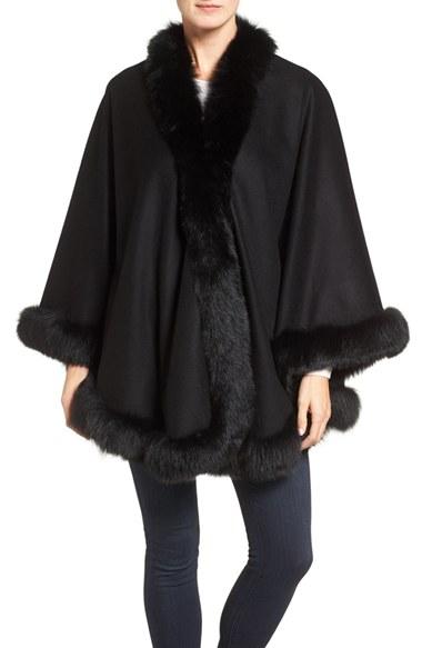 Women's Belle Fare Genuine Fox Fur Trim Cashmere Cape
