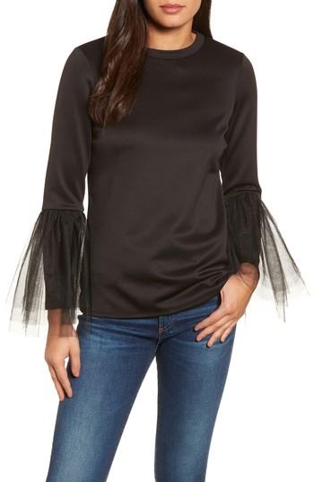Women's Halogen Tulle Trim Bell Sleeve Top, Size - Black