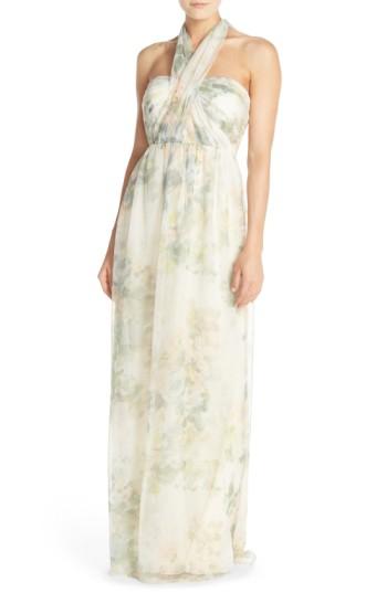 Women's Jenny Yoo 'nyla' Floral Print Convertible Strapless Chiffon Gown - White