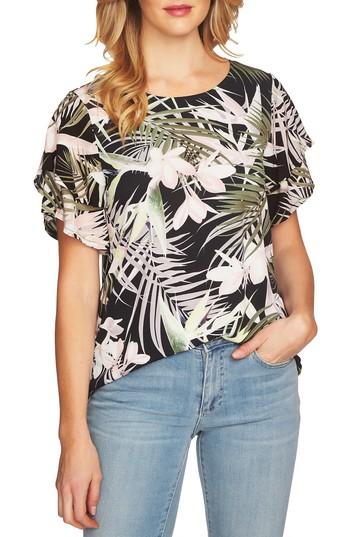 Women's Cece Tropical Print Tiered Ruffle Sleeve Top - Black