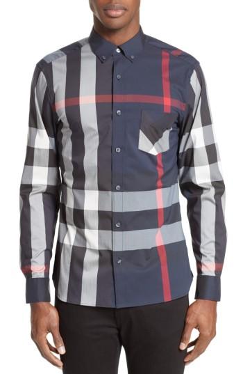 Men's Burberry Thornaby Slim Fit Plaid Sportshirt, Size - Burgundy