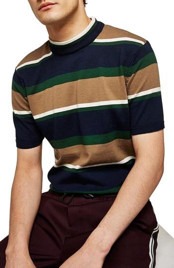 Men's Topman Stripe Mock Neck Knit T-shirt - Green