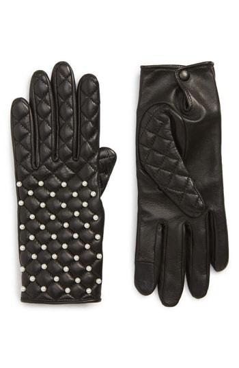 Women's Agnelle Imitation Pearl Quilted Lambskin Leather Gloves .5 - Black