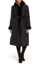 Women's George Simonton Couture Packable Silk Coat With Genuine Fox Fur & Genuine Rabbit Fur - Black