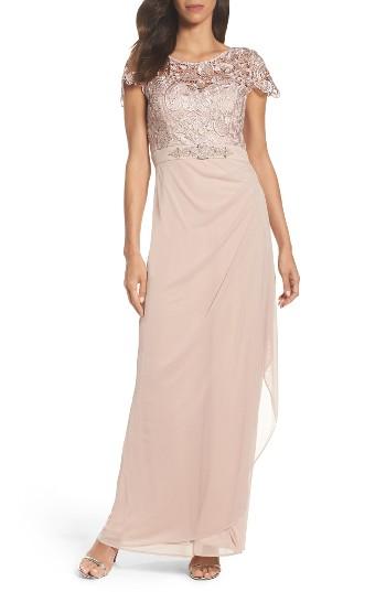 Petite Women's Xscape Lace Column Gown P - Beige