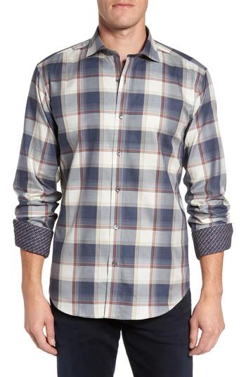 Men's Bugatchi Shaped Fit Plaid Sport Shirt, Size - Grey