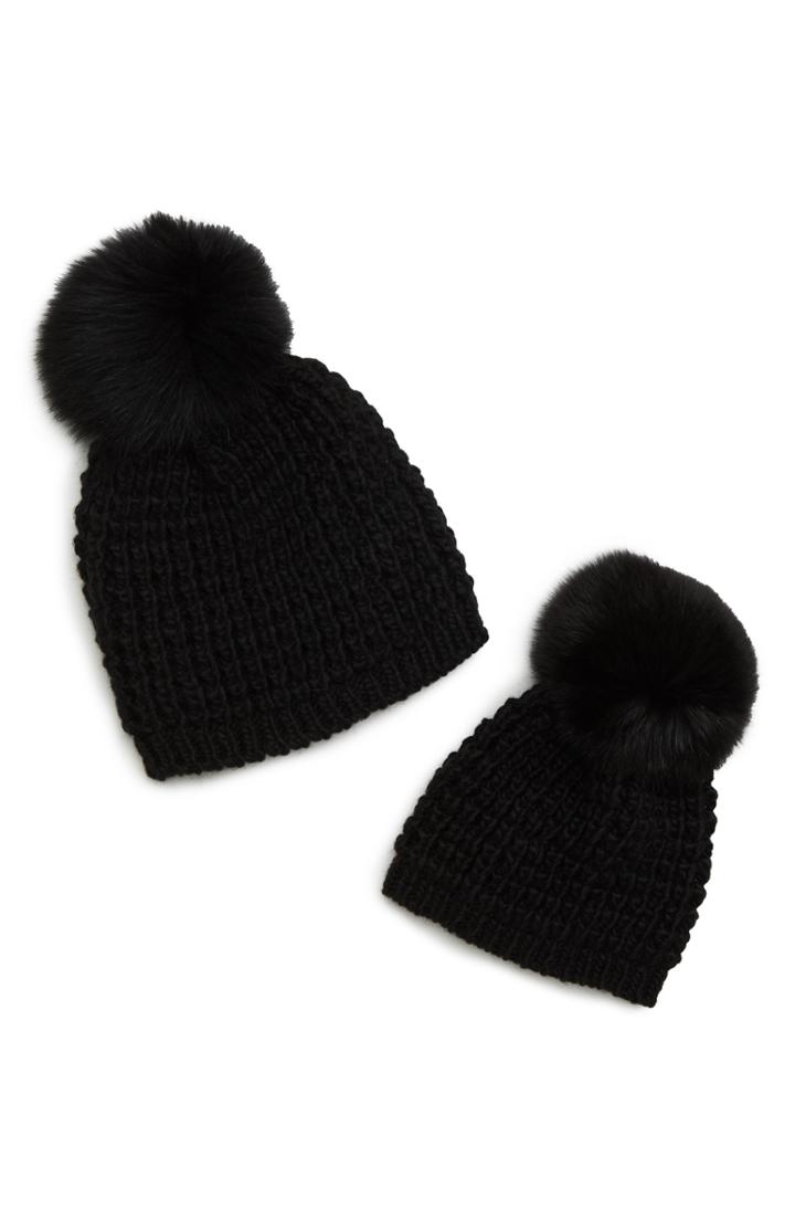 Women's Kyi Kyi Mom & Me Knit Hats With Genuine Fox Fur Poms Set - Black