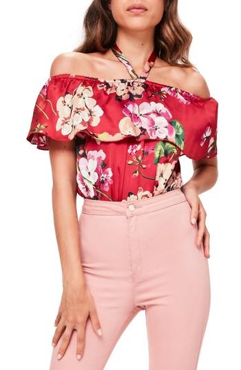 Women's Missguided Ruffle Off The Shoulder Bodysuit Us / 8 Uk - Red