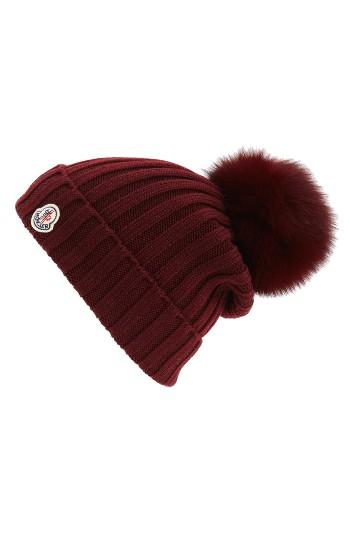 Women's Moncler Genuine Fox Fur Pom Ribbed Wool Beanie - Burgundy