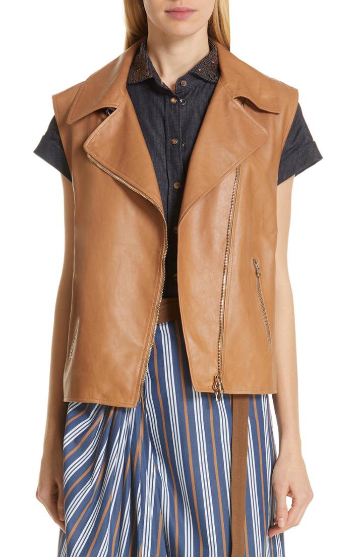 Women's Brunello Cucinelli Monili Trim Leather Moto Vest Us / 42 It - Brown