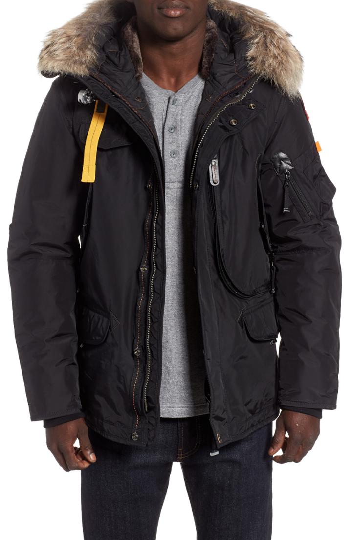 Men's Parajumpers Right Hand Light 700 Fill Waterproof Power Down Jacket With Genuine Coyote Fur Trim, Size - Black