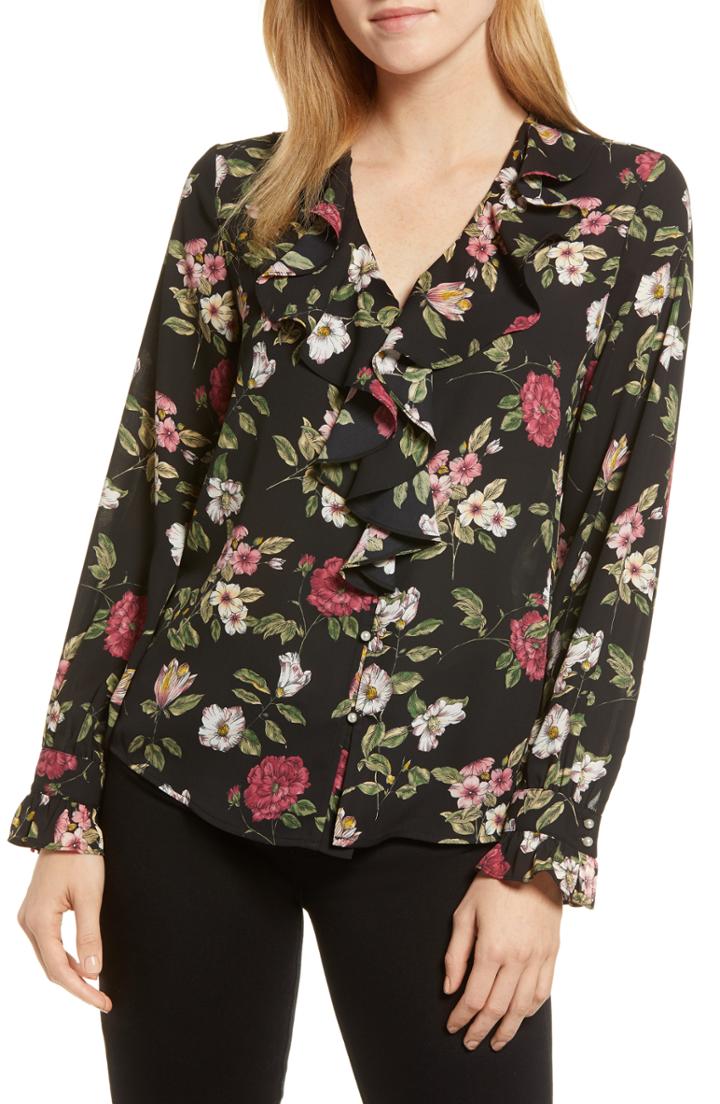 Women's Karl Lagerfeld Paris Printed Ruffle Front Blouse - Black