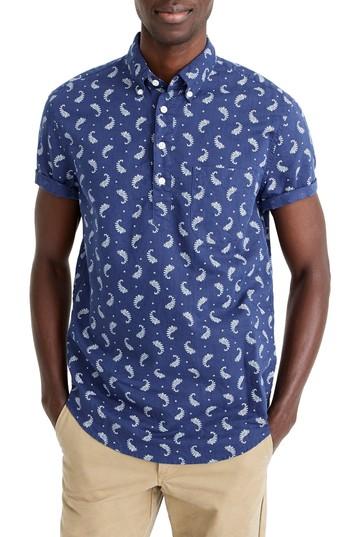 Men's J.crew Short Sleeve Paisley Linen & Cotton Popover Shirt, Size - Blue