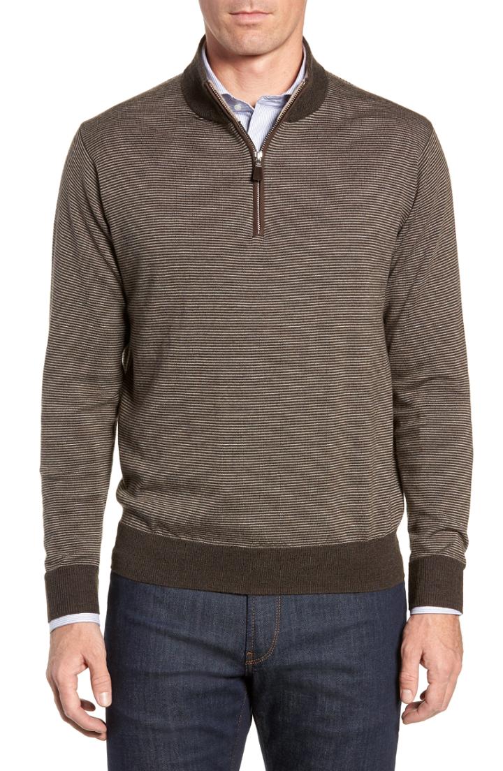 Men's Peter Millar Needle Stripe Quarter Zip Sweater - Brown