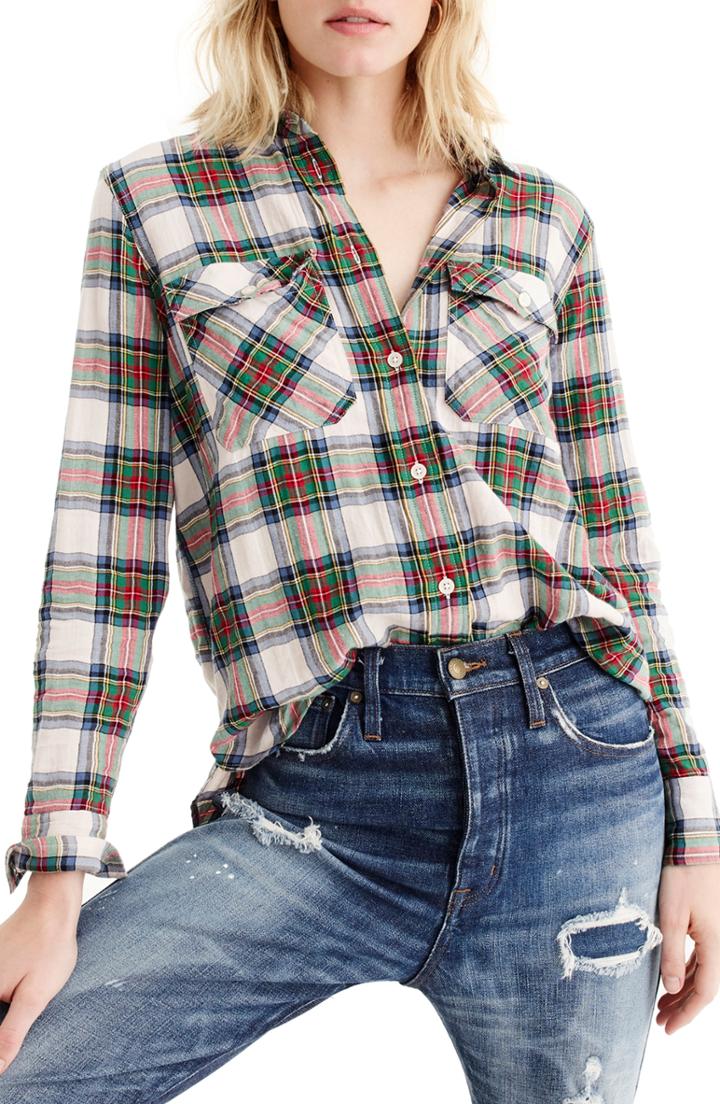 Women's J.crew Stewart Tartan Oversize Button-up Shirt - Green
