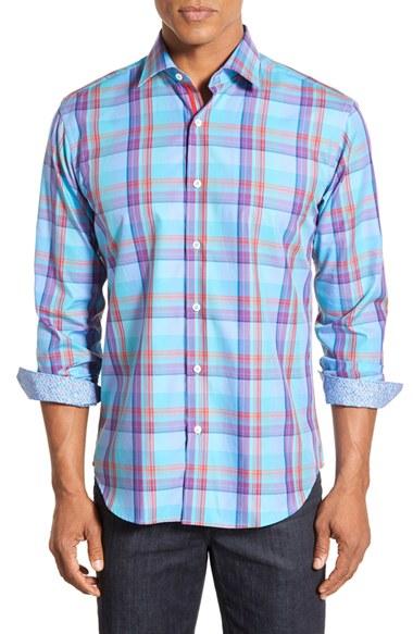 Men's Bugatchi Classic Fit Plaid Sport Shirt, Size - Blue/green