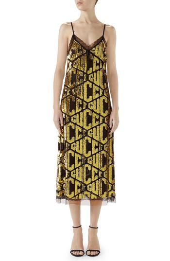 Women's Gucci Lace Trim Sequin Logo Slipdress Us / 40 It - Black