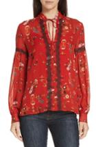 Women's Derek Lam 10 Crosby Print Lace Trim Silk Blouse - Red
