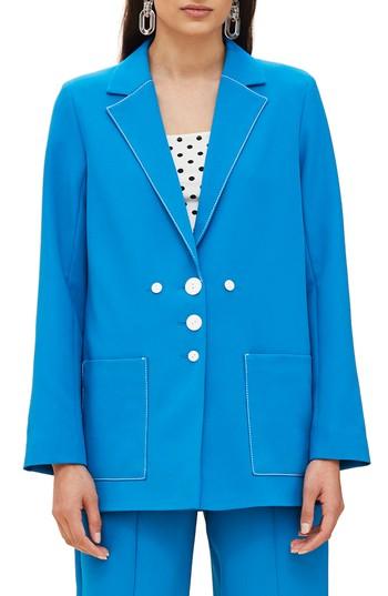 Women's Topshop Azure Contrast Stitch Suit Jacket Us (fits Like 0) - Blue