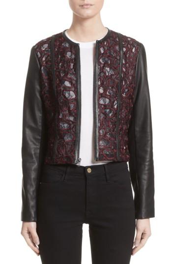 Women's Yigal Azrouel Lace & Lambskin Leather Moto Jacket - Black