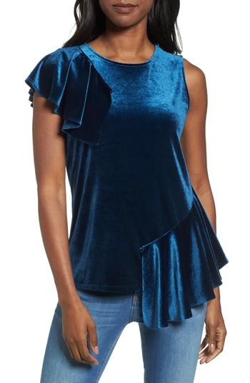 Women's Halogen Velvet Ruffle Top - Blue/green