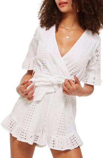 Women's Topshop Broderie Anglaise Wrap Front Romper Us (fits Like 00) - White